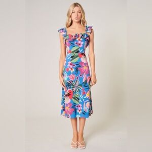 Sugarlips Inez Floral Print Square Neck Sleeveless Ruffle Midi Dress XS